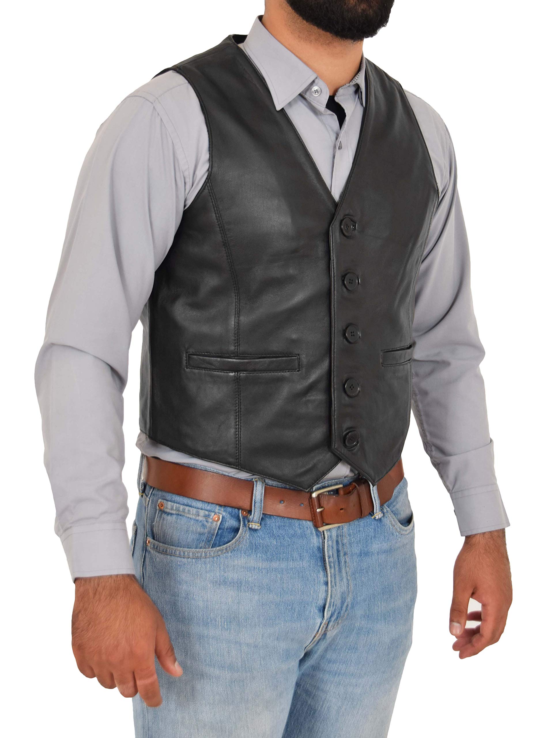 A1 FASHION GOODS Mens Full Leather Waistcoat Black Gilet Traditional Smart Vest King (Small)