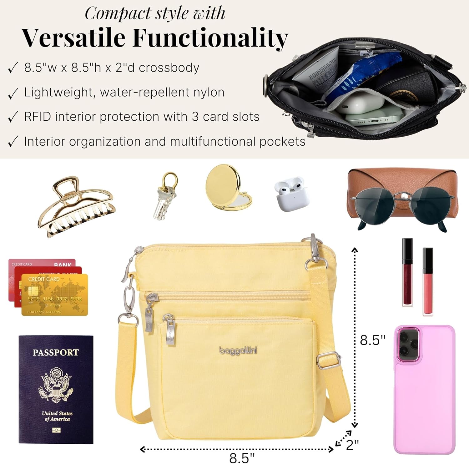 Baggallini Modern Pocket Crossbody Bag for Women, 8.5"x8.5" Handbag Purse with RFID, Lightweight Water-Resistant