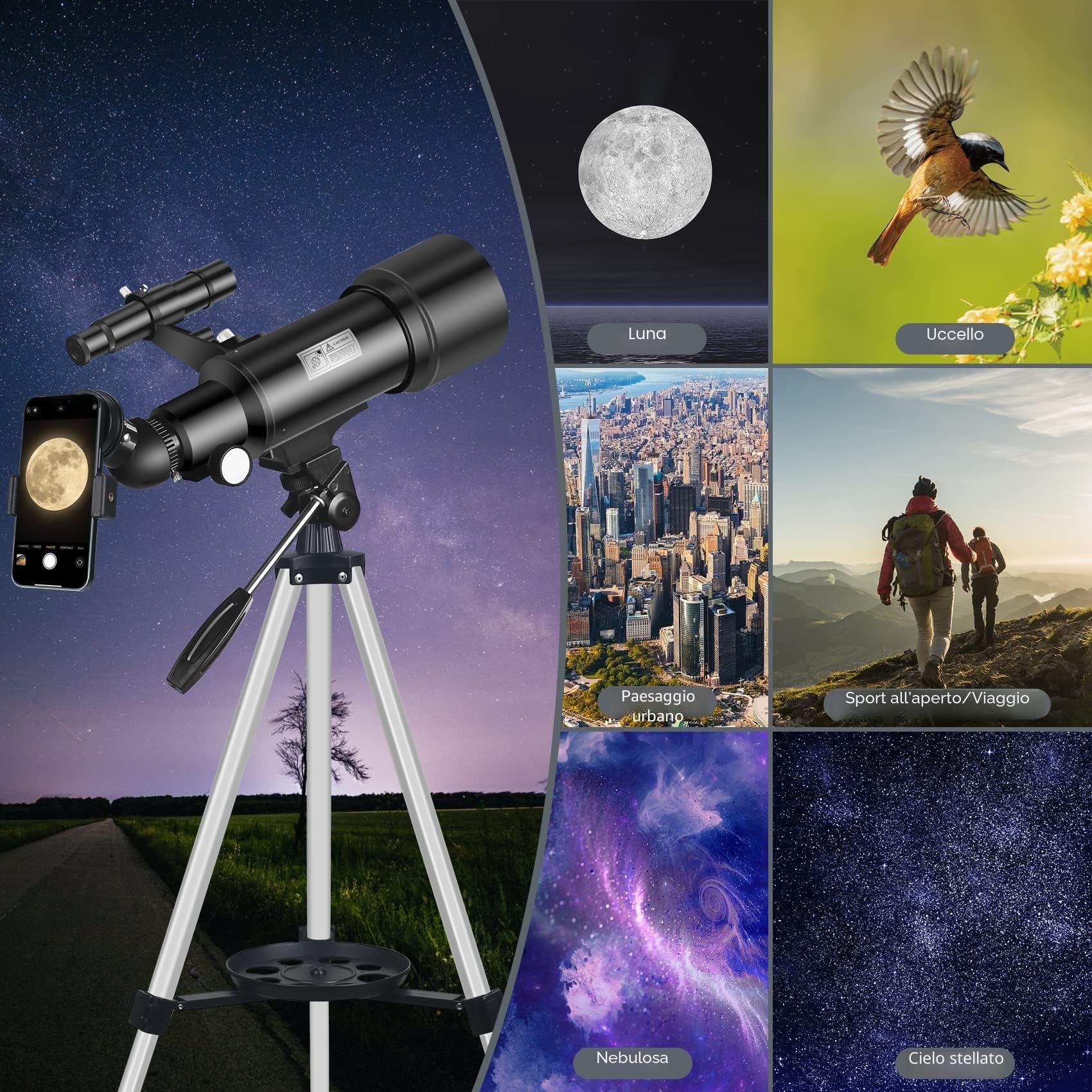 Telescopio, Astronomia Telescopio Professionale 70/400mm per Principianti con Cannocchiale 5 x 24 e Treppiede, Refrattori Telescopi per Bambini Adulti, per Luna Pianeta Guarda(Nero)