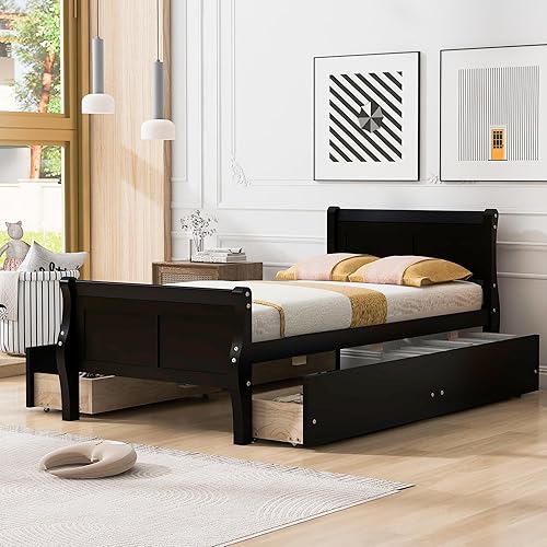 Miniatura 154 de Cama de plataforma de madera de tamaño individual con cabecera en forma de casa, soporte de listones de madera, para dormitorio de niños, niñas,