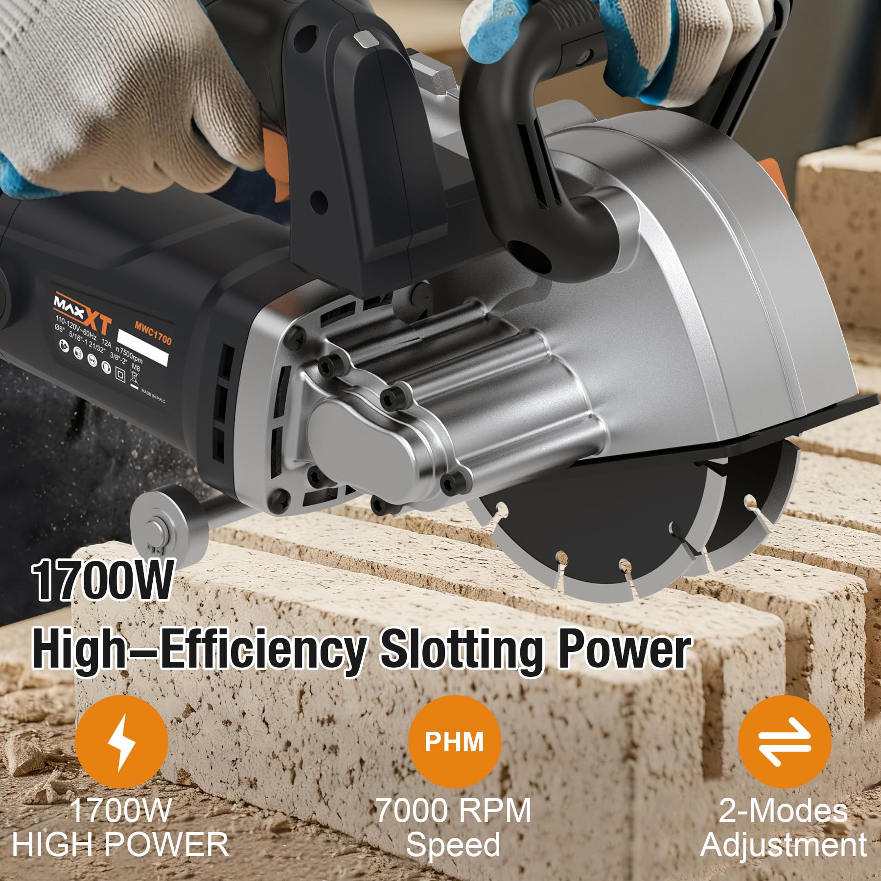 MAXXT Fresadora Eléctrica 1700W, 150mm, Profundidad de Corte 10-50mm, Arranque Suave, Compatible con Aspiradora