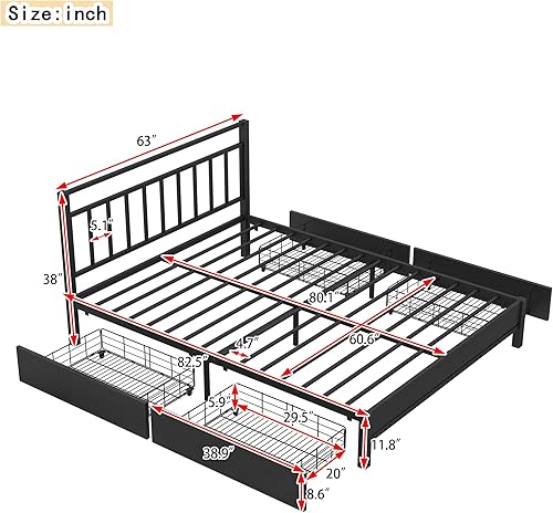 Miniatura 2 de Base de cama Queen con 4 cajones de almacenamiento, cama de plataforma de metal tamaño Queen con cabecero, sin ruido, no necesita somier, color negro