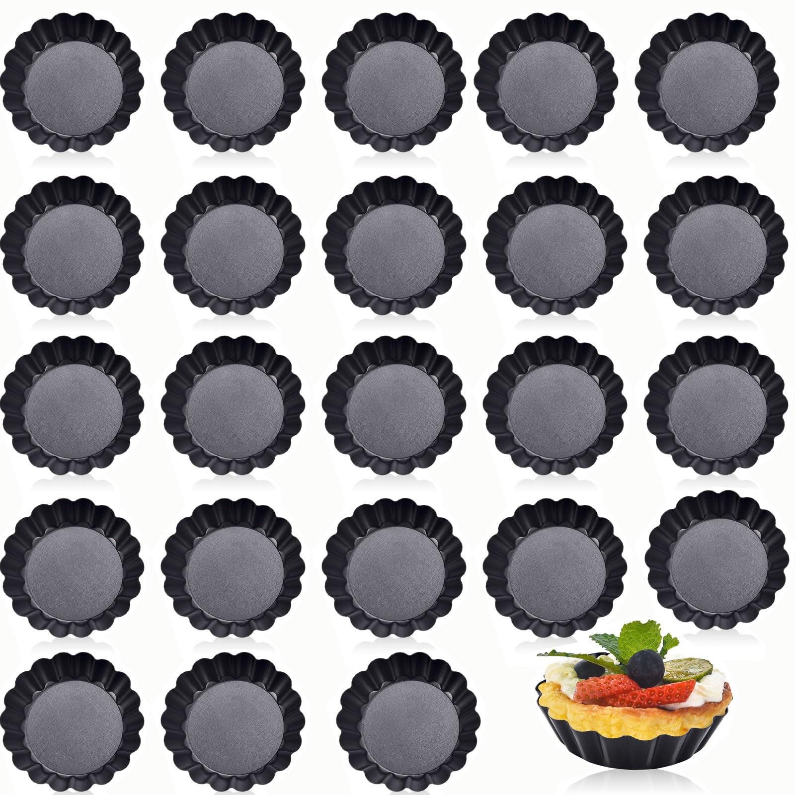 24Packs Mini Tart Pans 3 Inch with Removable Botttom, Carbon Steel Fluted Tart Tin Shell Mold Round Nonstick 3'' Quiche Pans for Pies, Mousse Cakes, Dessert Baking