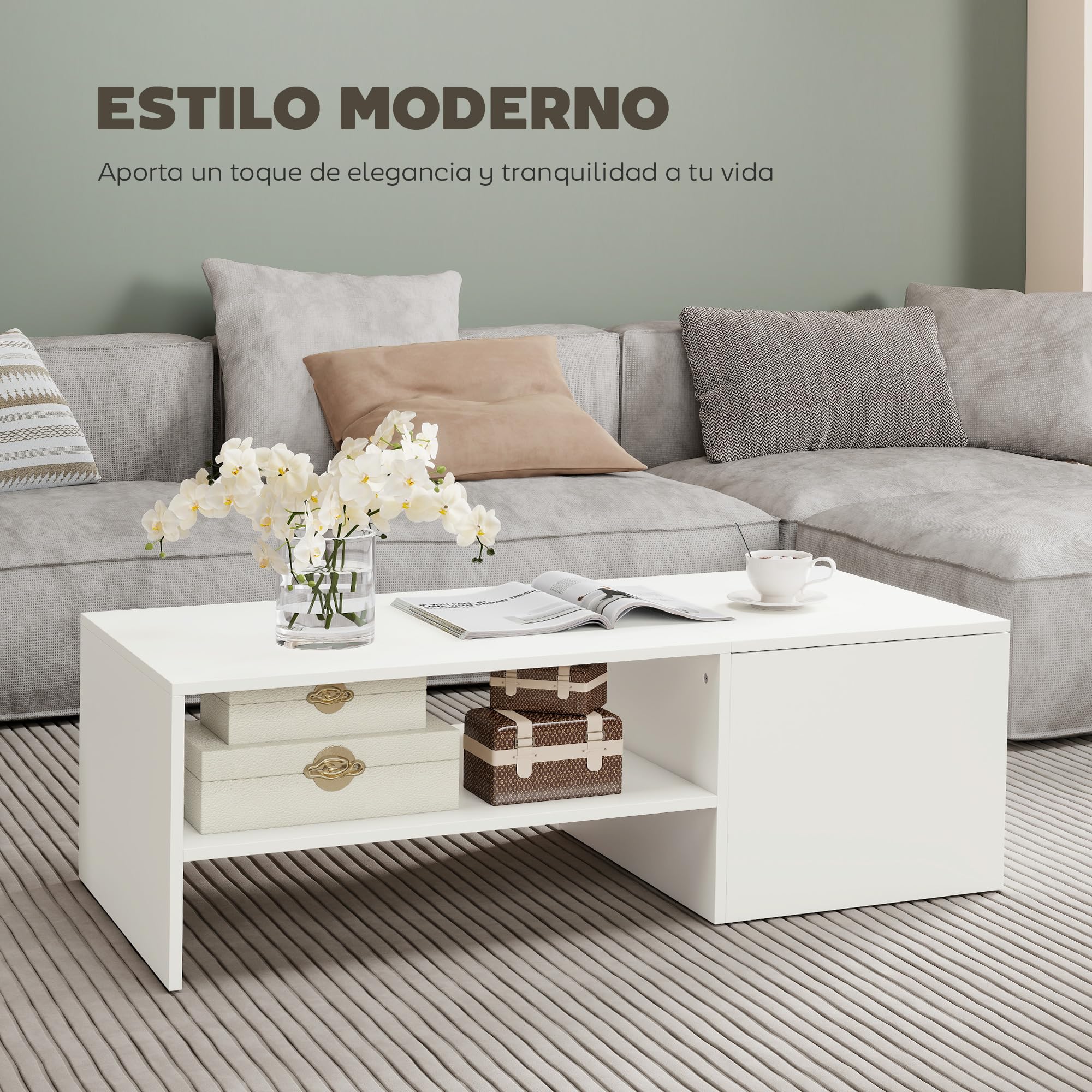 HOMCOM Mesa de Centro con Tablero Deslizante Moderna 110x52x36 cm Blanco | Mesa Baja para Salón Moderna, con Compartimento Oculto, Estante Abierto, para Comedor, Oficina