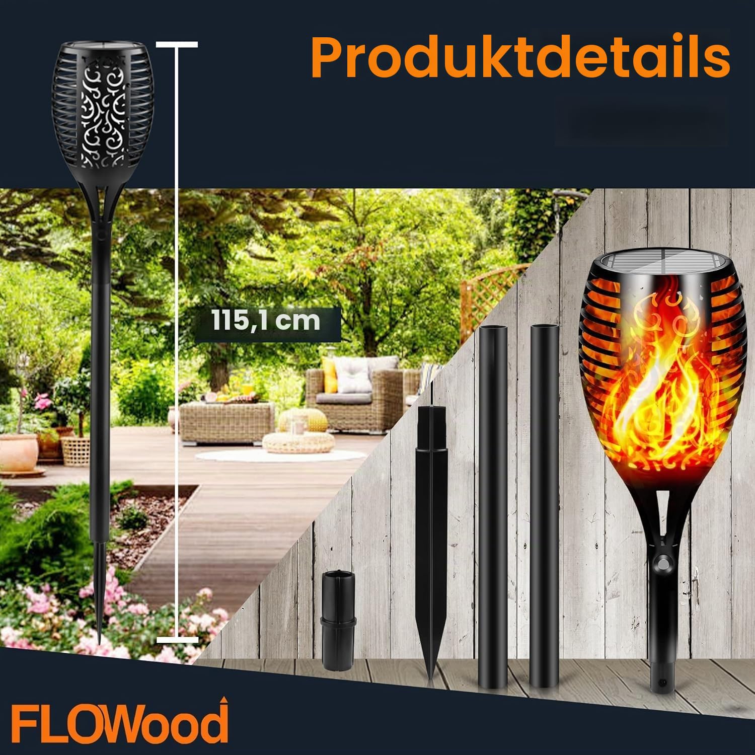 FLOWood Solarleuchten für Außen Garten 2 Stück, 96LED Solarfackeln 110cm Höhe, IP65 Wasserdicht, Automatische Ein/Aus