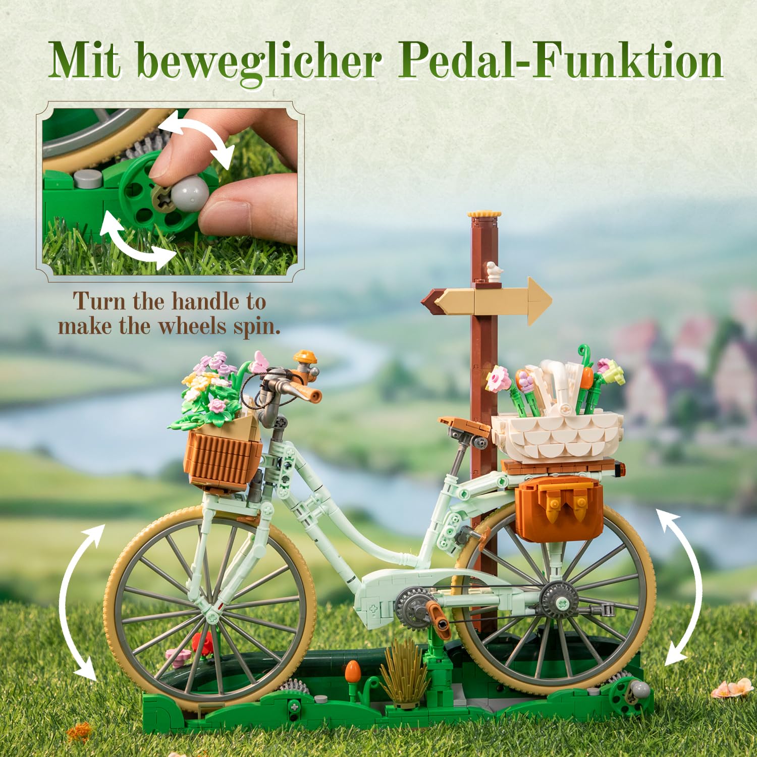 PANTASY Blumen Fahrrad Klemmbausteine Set, Vintage Deko Modell | Blumen Fahrrad Bauset für Erwachsene, Vintage Deko Modell mit Blumenkörben, Picknick Szene, Welpe, Geschenk