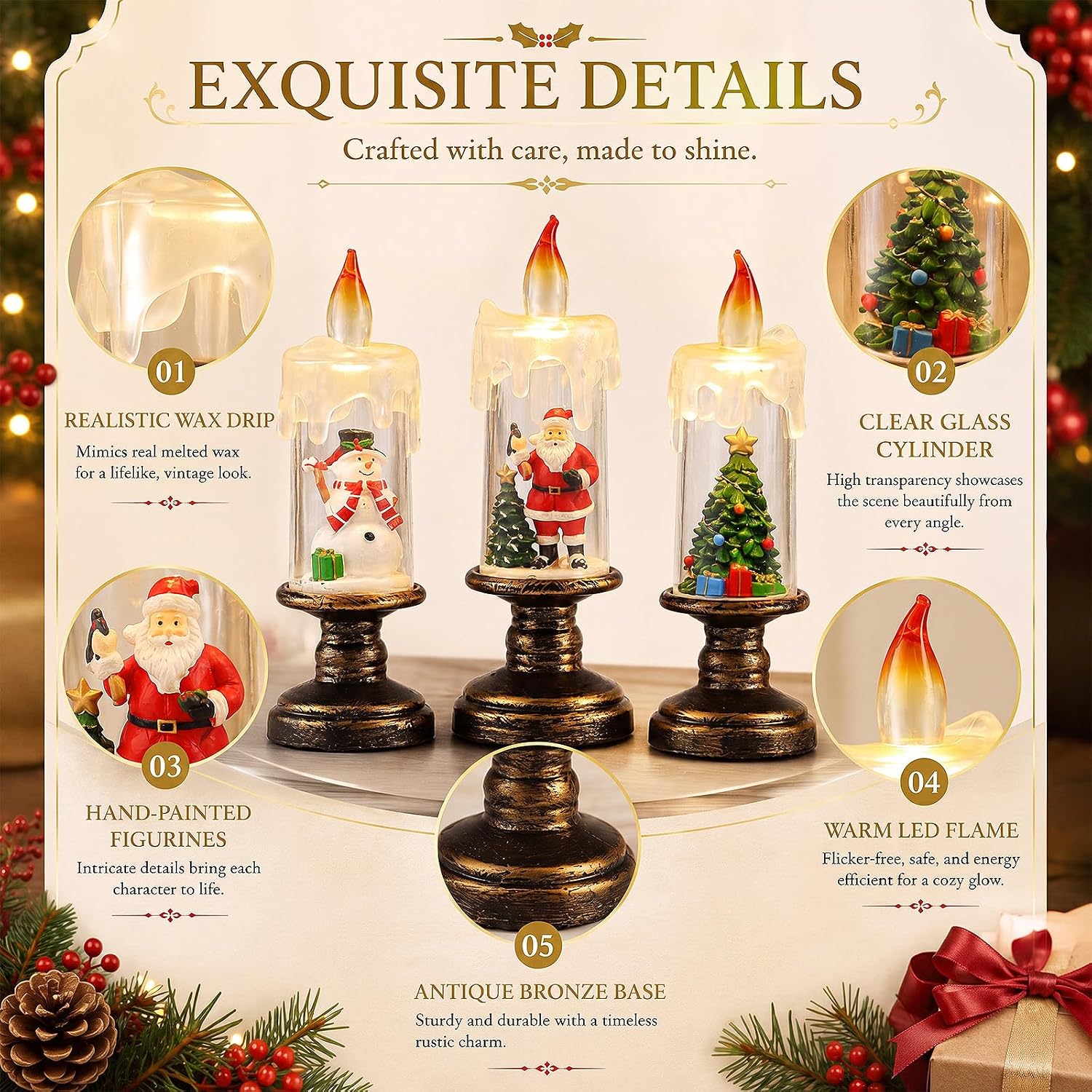 3 Pcs Christmas Snow Globe Lanterns Flameless Candle | Santa Claus Snowman Christmas Tree, Glitter Decor for Xmas, Water Lighted, Home Mantel Living Room Festival Gift