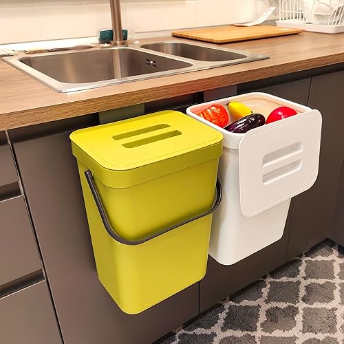 stonespace Cubo de basura pequeño con tapa, cubo de compostaje para interiores, cubo de basura colgante con tapa para armario, baño, dormitorio,