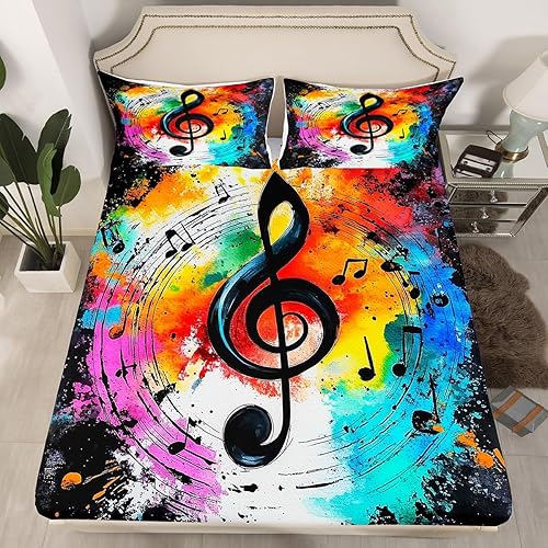 Miniatura 22 de Juego de sábana bajera ajustable para niños con diseño de guitarra eléctrica, estilo retro, diseño de notas musicales, decoración de habitación