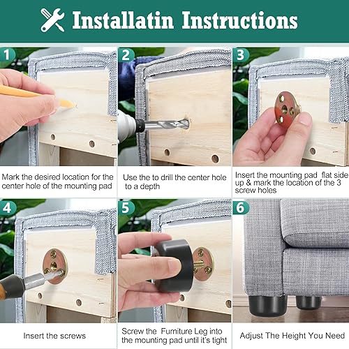 Miniatura 5 de 4 patas de plástico para muebles de 1-1/8 pulgadas, patas de sofá negras, patas redondas para muebles, patas de repuesto para sofá con tuercas de