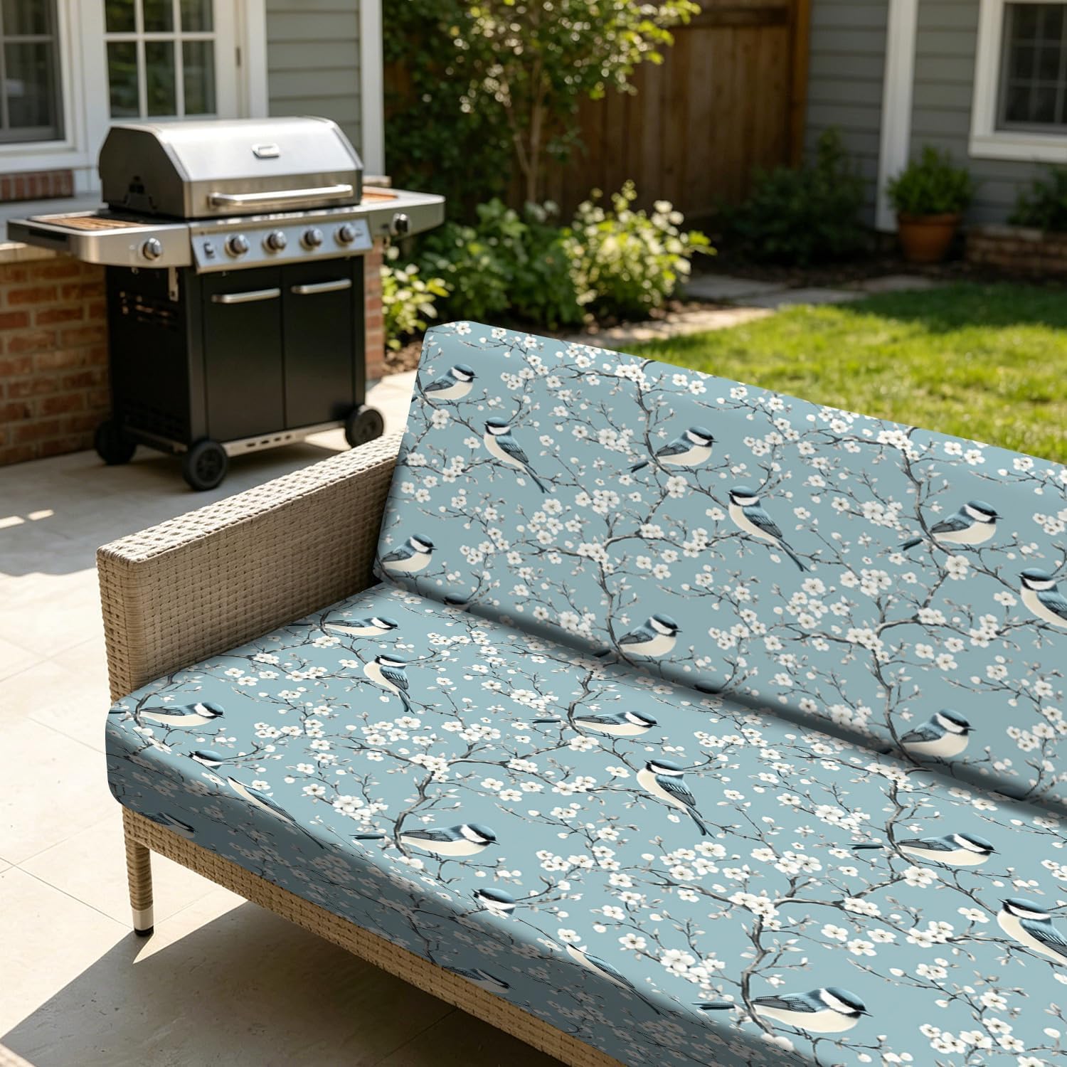 Loveseat Cushion Cover, Blue Bird Blossom Slipcover, Washable, 52x28x9