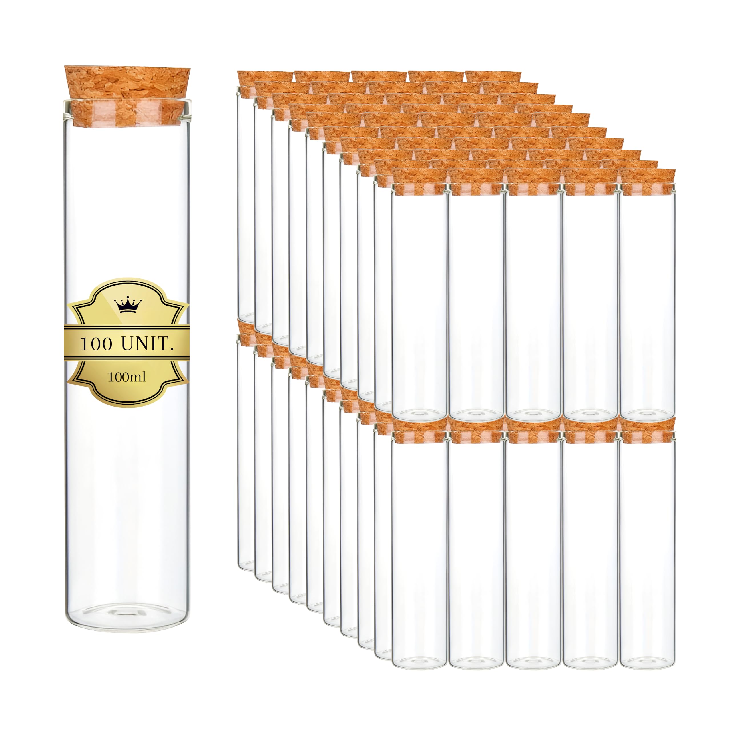 Pack de 100 tubos de ensayo de vidrio con tapón Liege 100 ml - frascos para laboratorio, frascos de cristal, tubo de cristal, frasco de cristal, grageas de boda, decoración, bauteme, especias,