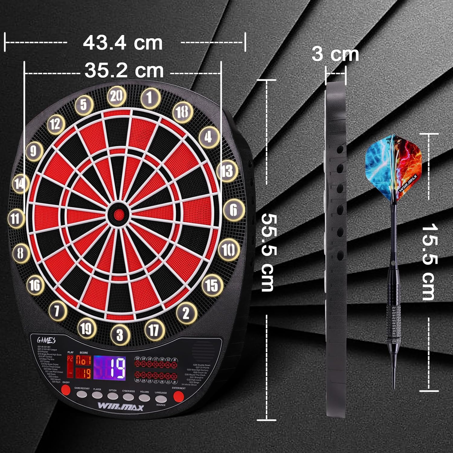 WIN.MAX Electronic Dart Board Soft Tip Dartboard Set LED Displays 3 Languages with 12 Darts 100 Tips Power Adapter