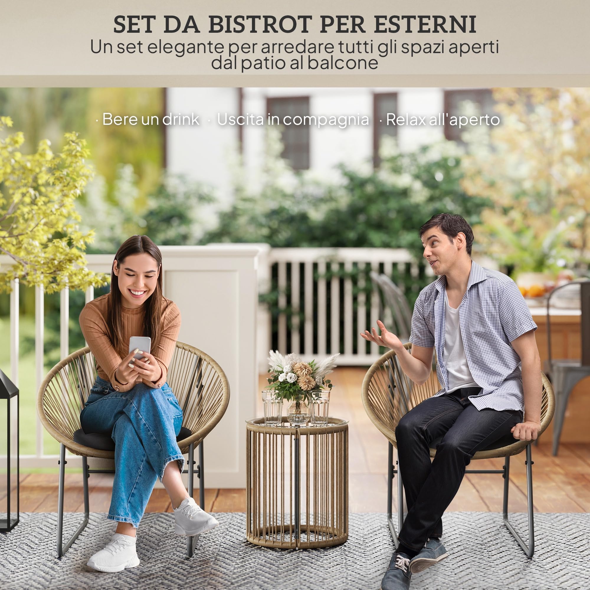 Outsunny Set da Giardino 3 Pezzi Rattan PE Acciaio, 2 Sedie Cuscini Lavabili Tavolino Caffè Vetro, Mobili Balcone Patio Cortile