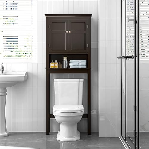 Miniatura 6 de UTEX Almacenamiento de baño sobre el inodoro, organizador de gabinete de baño con estantes ajustables, ahorro de espacio de baño para baño, espresso