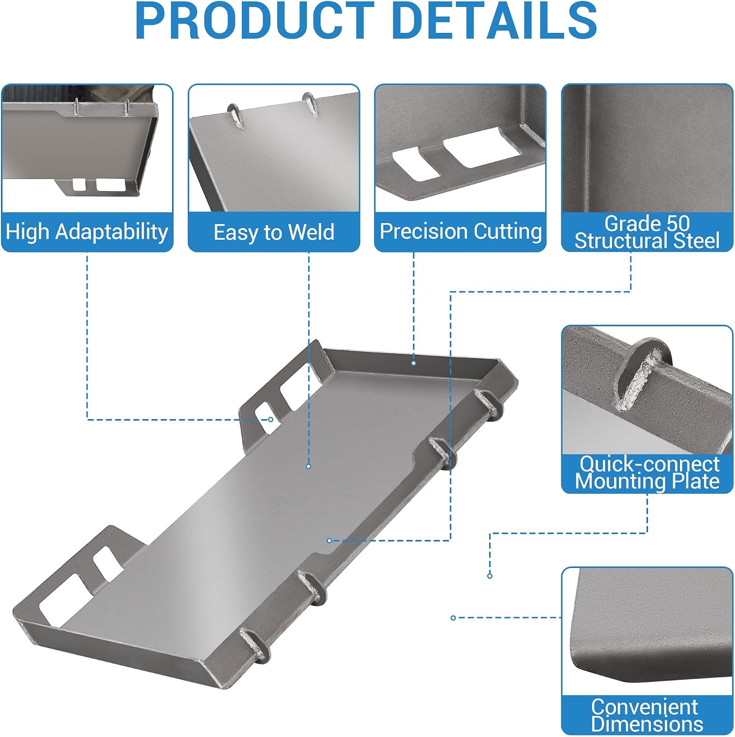 1/4" Heavy Duty Skid Steer Attachment Plate - 50 Grade Structural Steel Universal Quick Attach Mount Plate Compatible with Kubota, Skid Steers and Tractors