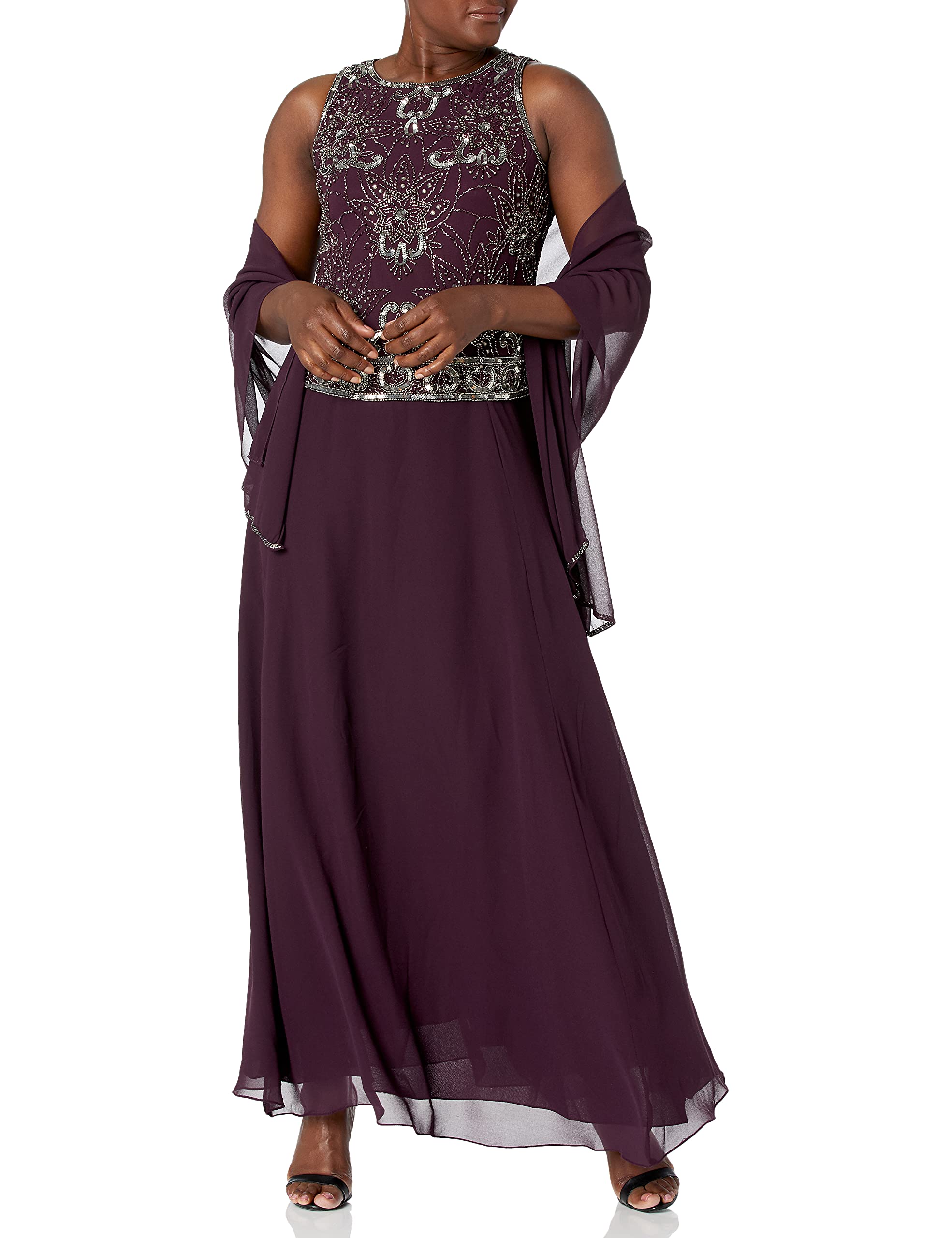 J KaraWomen's Beaded Pop Over Gown W/Scarf