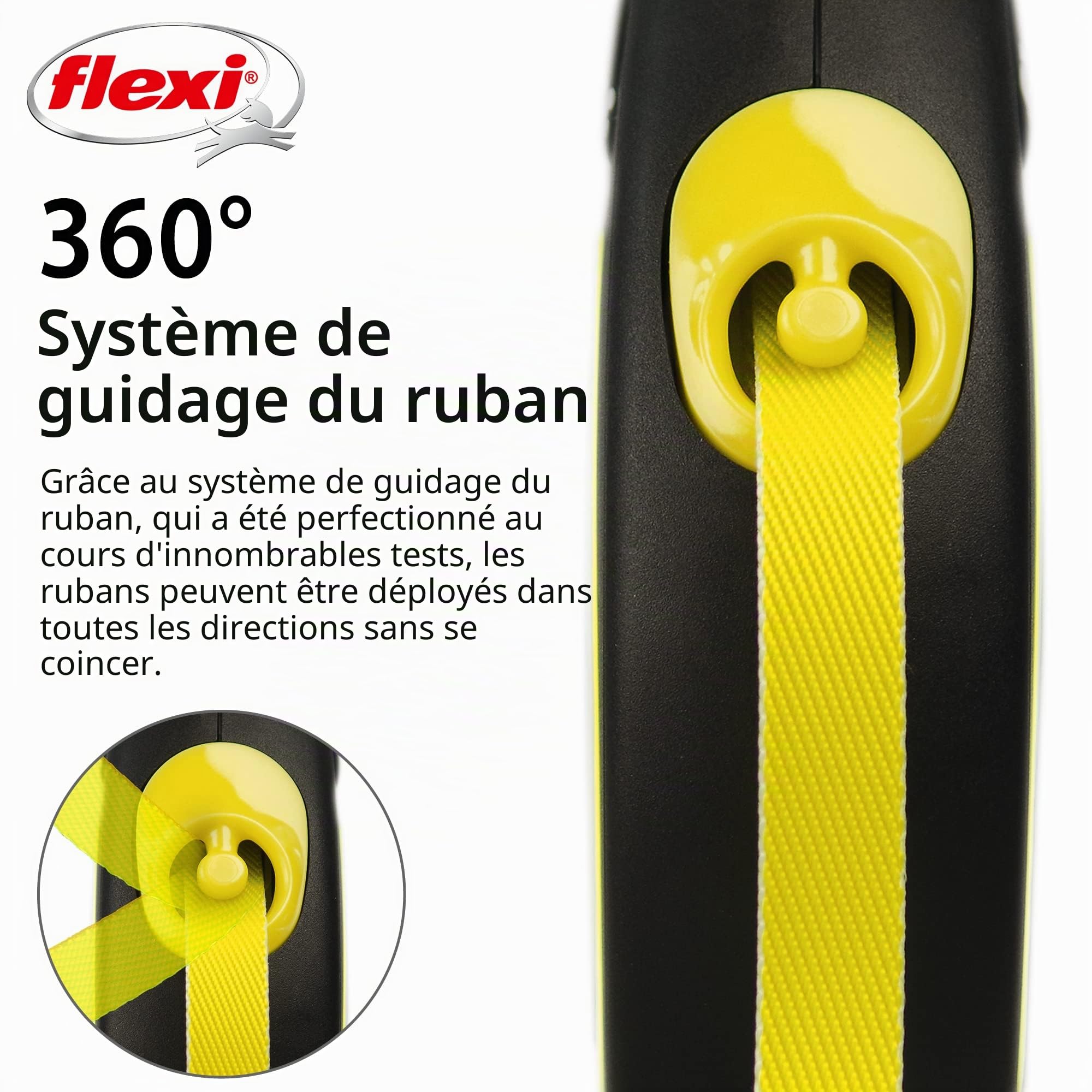 flexi® Laisse rétractable réfléchissante pour Chien (Ruban adhésif), Ergonomique, Durable et sans nœuds, 4,9 m, Taille M, Fluo/Noir