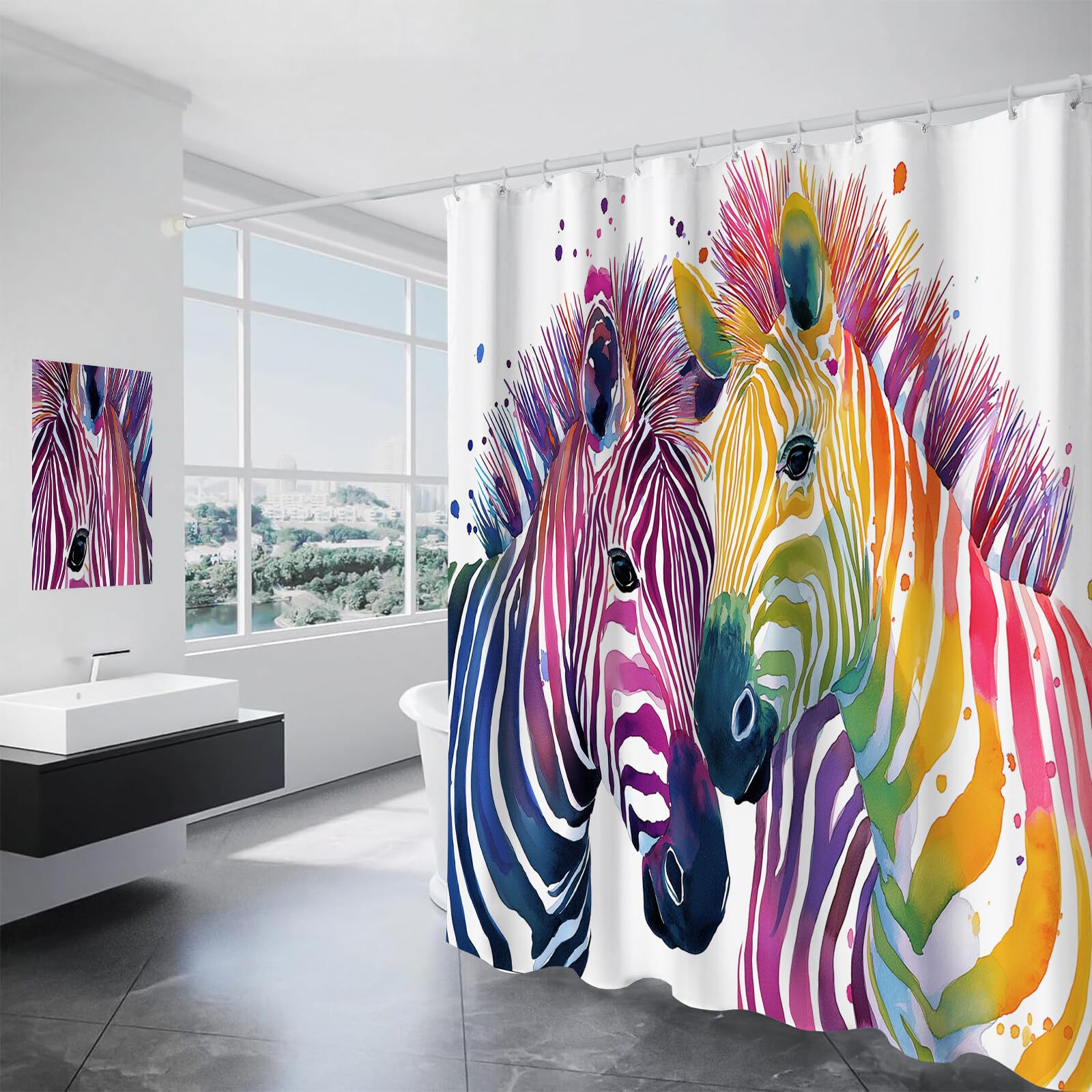 Rideau De Douche Zèbre Peint Animaux À L'Aquarelle Tissu Imperméable Lavable avec Crochets Anti Moisissure en Polyester Rideau Douche pour Salle De Bain