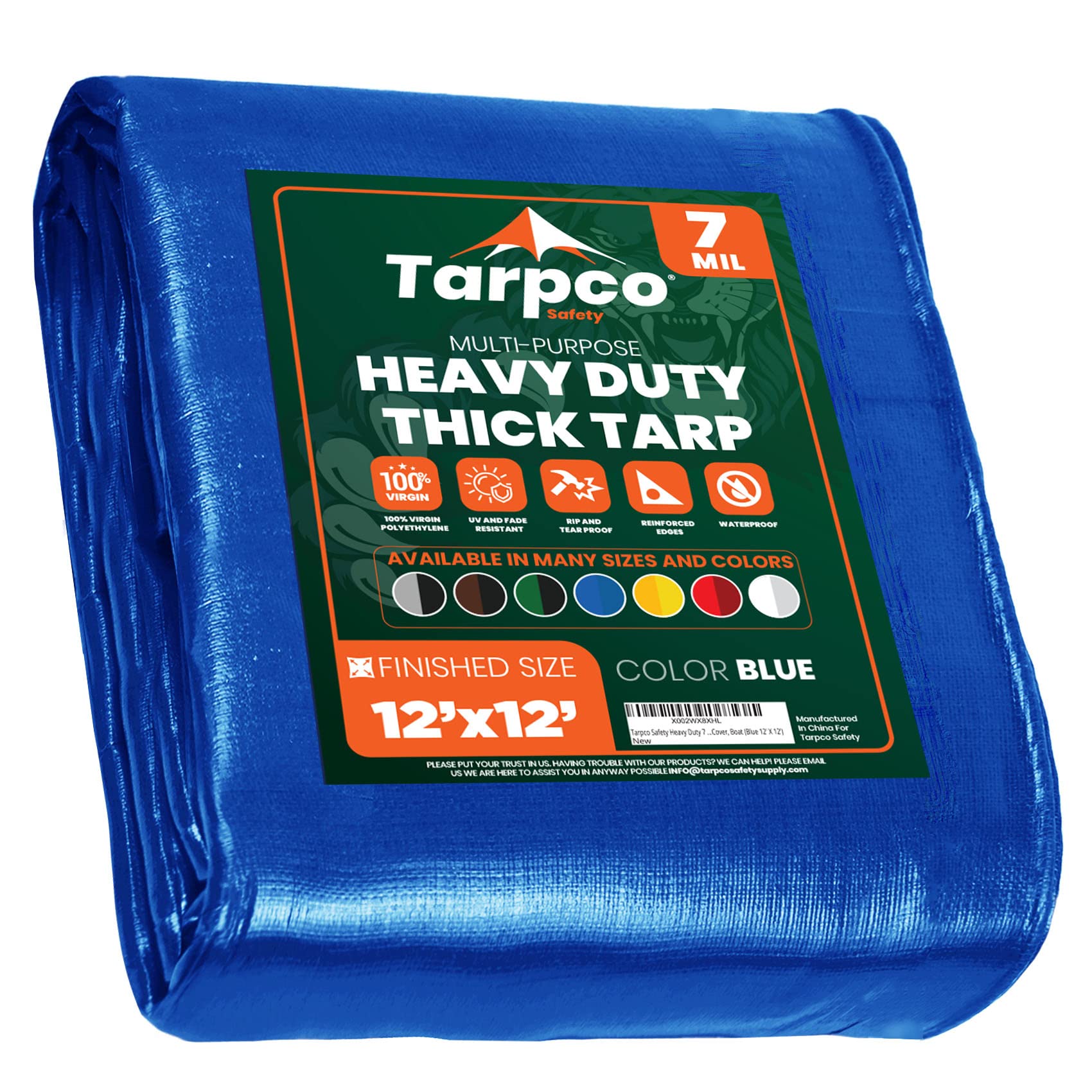 Heavy Duty 7 Mil Tarp Cover, Waterproof, UV Resistant, Rip and Tear Proof, Poly Tarpaulin with Reinforced Edges for Roof, Camping, Patio, Pool Cover, Boat (Blue 12′ X 12′)