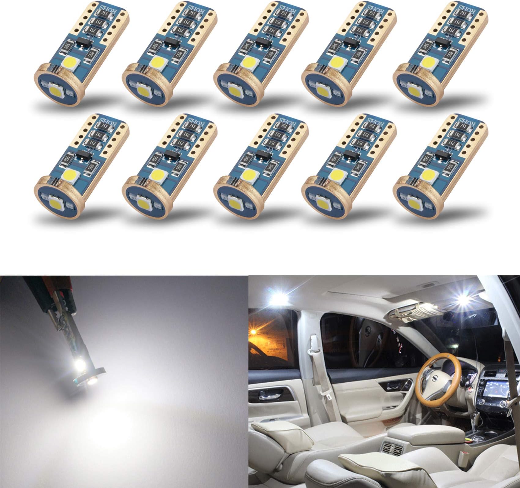 iBrightstar Extremely Bright Wedge T10 168 194 LED Bulbs for Car Interior Dome Map Door Courtesy License Plate Lights, Xenon White