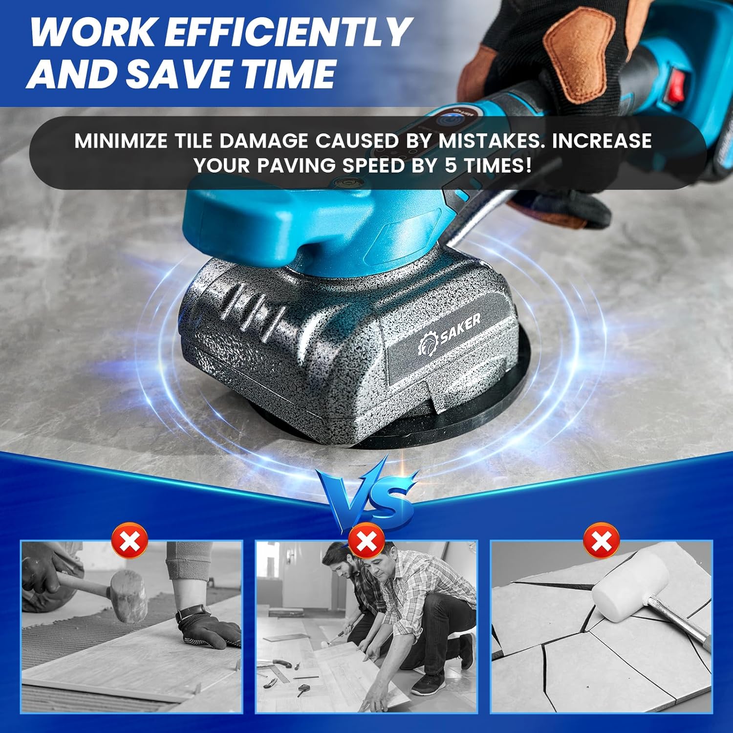 Saker Cordless Tile Vibration Tool being used on a tile, illustrating efficient work compared to manual methods