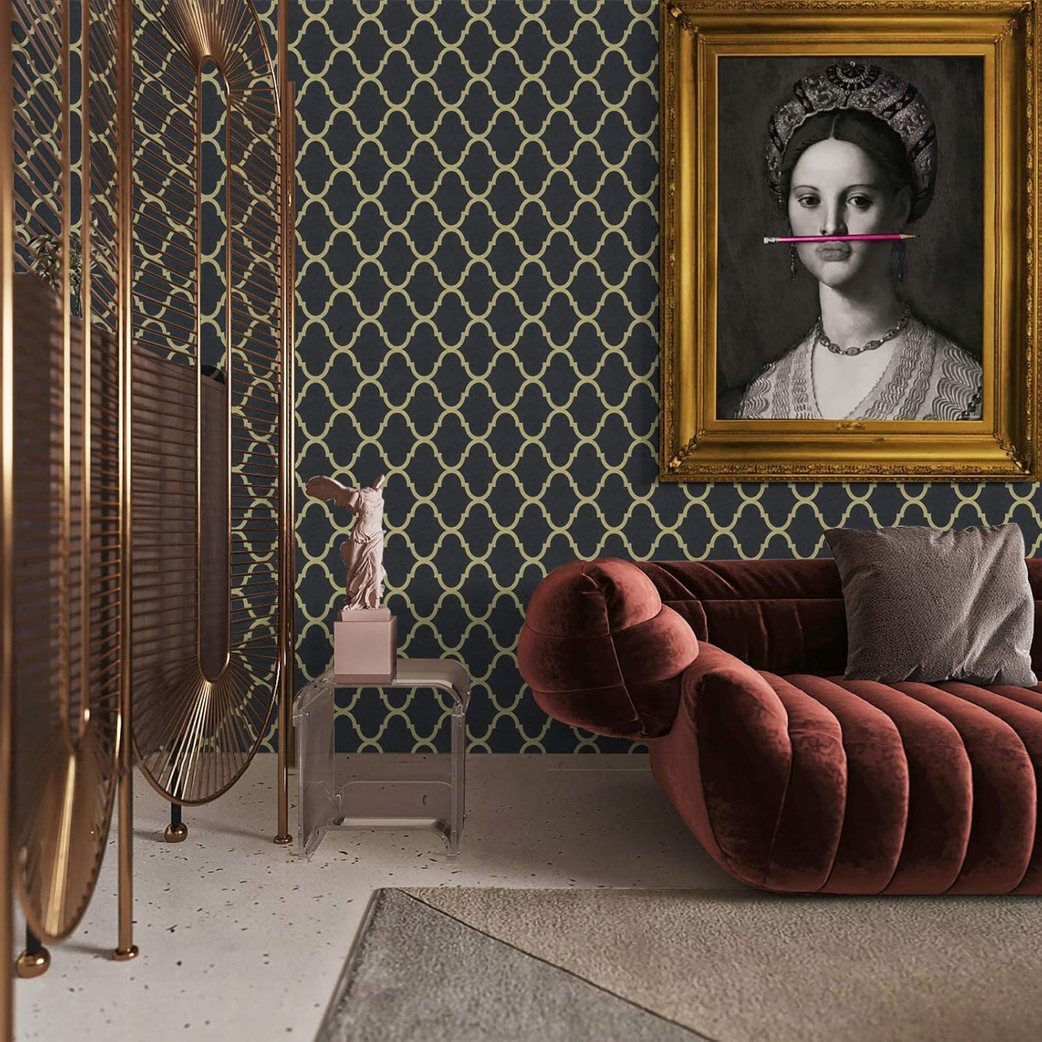 Peel and Stick Wallpaper Black/Gold Trellis Removable Wallpaper Self Adhesive Modern Geometric Textured Contact Paper for Cabinets Bathroom Kitchen Wall Covering Vinyl 78.7inx15.7in Renter Friendly