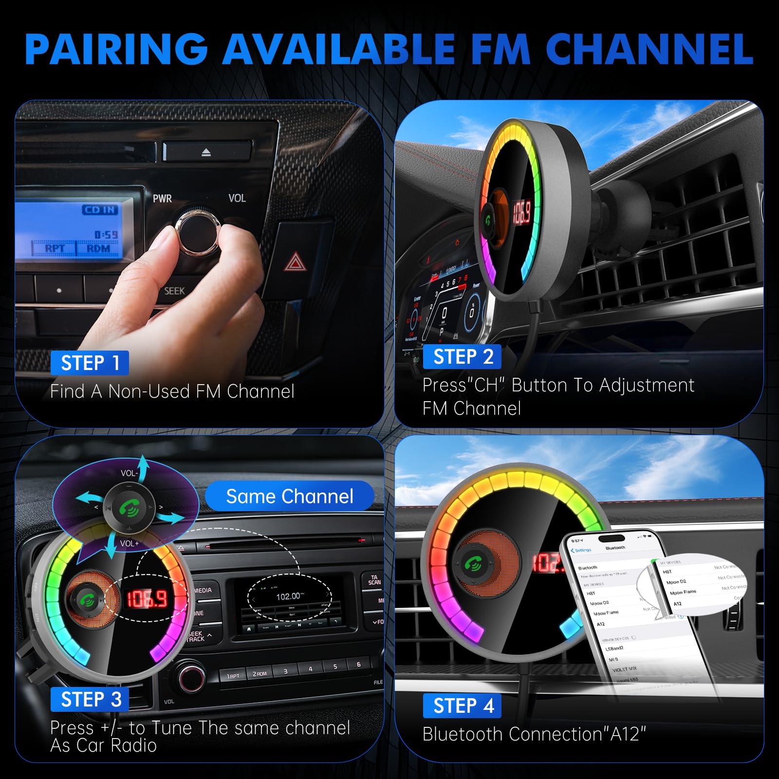 Bluetooth Car Adapter FM Transmitter Car Radio Bluetooth Transmitter, 7 Colors LED Backlit, QC3.0 Fast Charging - Image 3