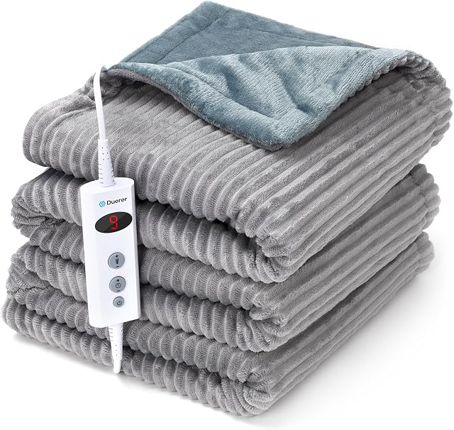 Duerer Electric Heated Blanket Throw 180x130cm Heating Blanket Soft Striped Flannel with 10 Heating Levels & 1-9 Hours Timer Auto-Off, Safety Overheat Protection for Bed Sofa, Machine Washable