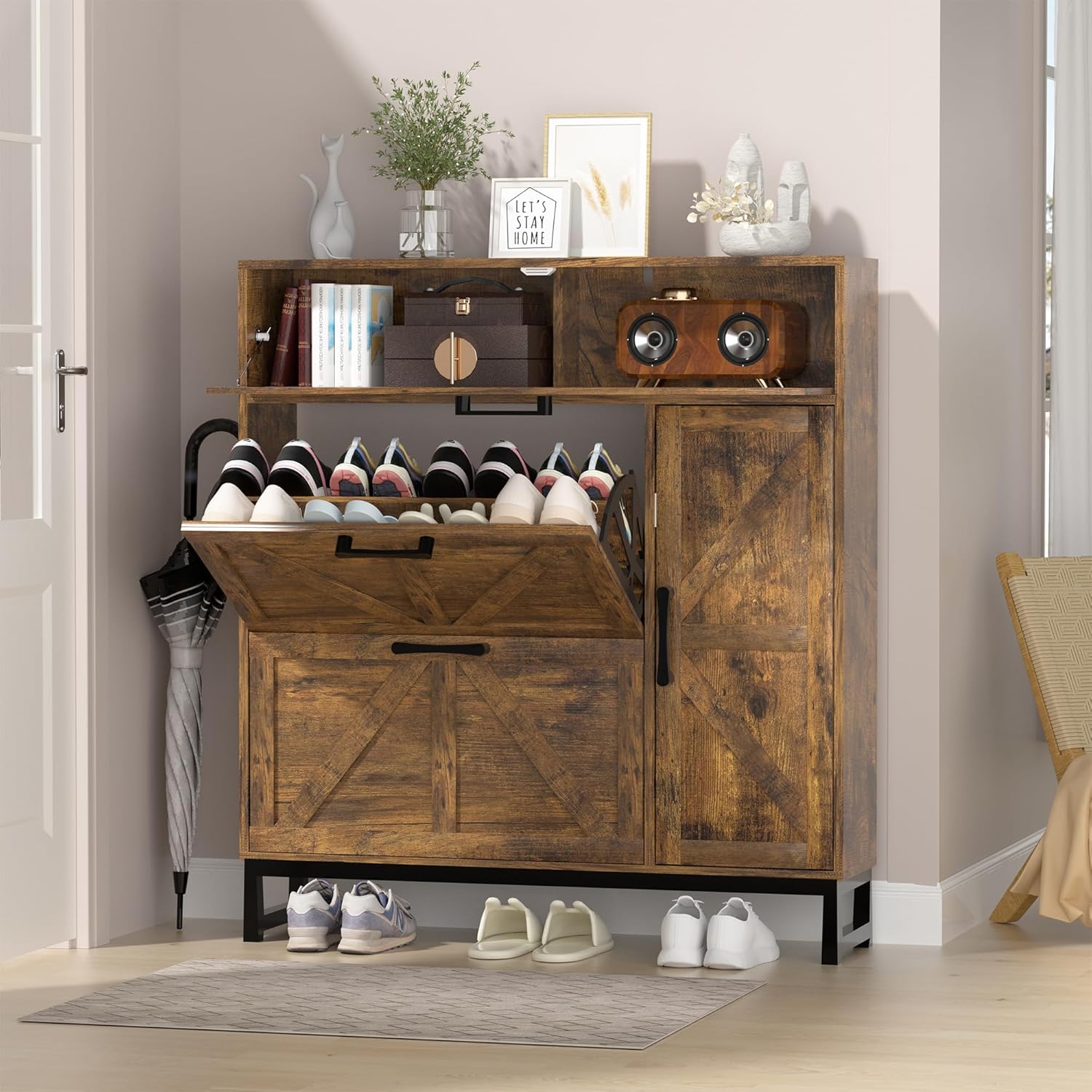 Betterhood Shoe Cabinet for Entryway with 2 Flip Drawers, Farmhouse Slim Freestanding Shoe Rack Organizer, Entryway Shoe Cabinet with Open Storage for Foyer and Hallway (Brown)