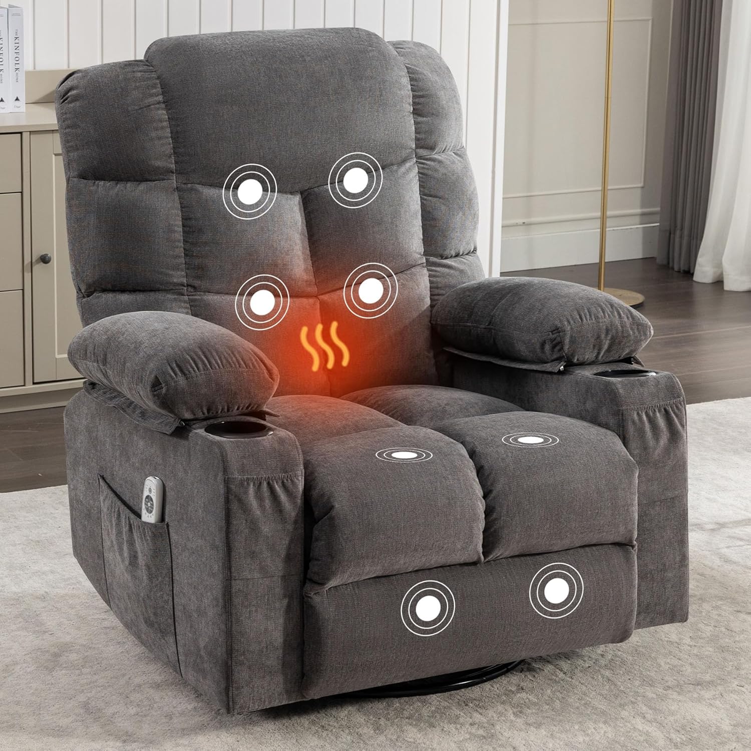 Massage Chair Recliner with Heat&USB,Comfotable Lazy Boy Recliner Chair with Cup Holder&2 Side Pockets,Manual Recliner Chair for Adults,Bread-Shaped,Heavy Duty,Fabric (Grey)