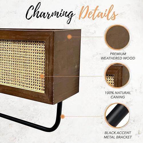 Miniatura 5 de Autumn Alley Estantes flotantes de ratán bohemio de 3 niveles con cesta de almacenamiento y toallero
