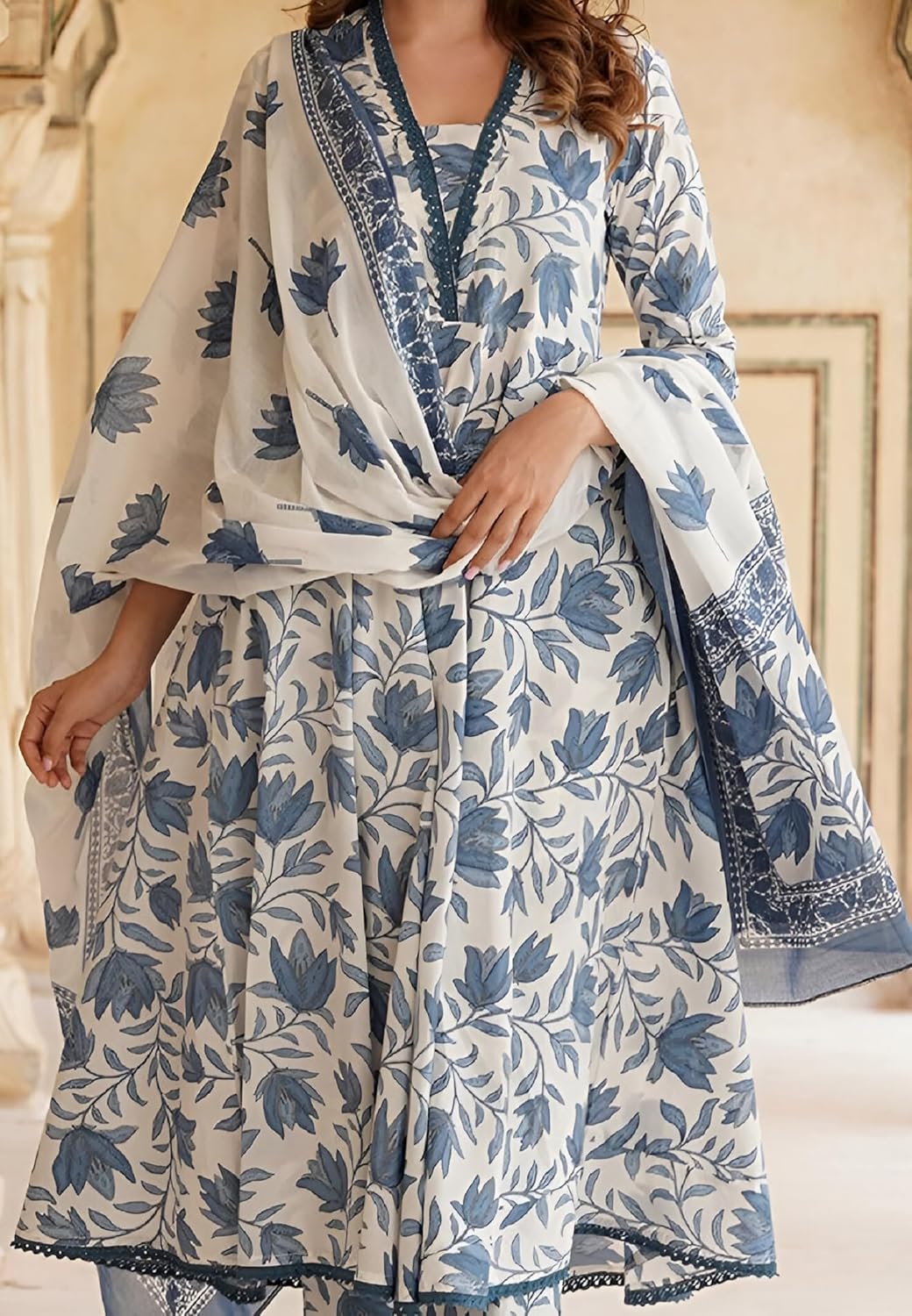 INDACORIFY Floral Printed Anarkali Cotton Kurta with Pant & With Dupatta Indian Suit