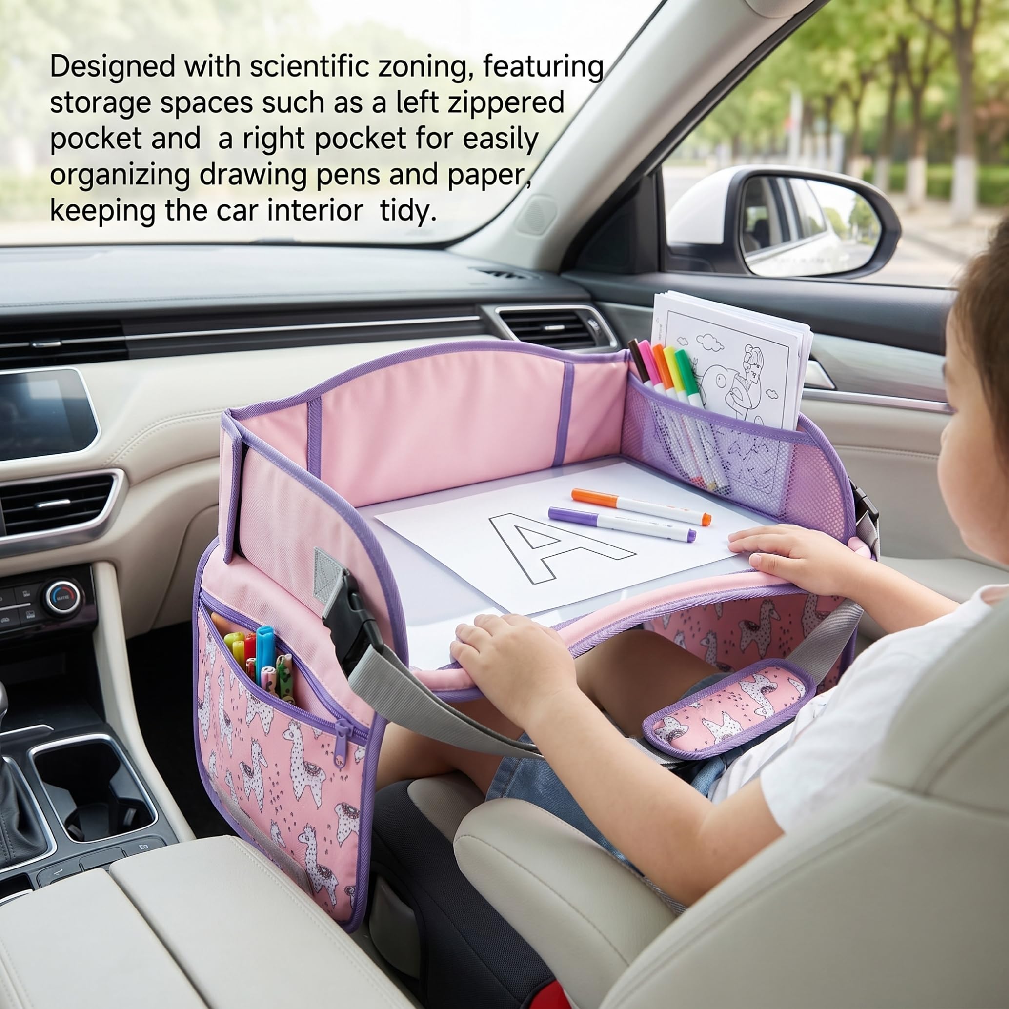 Vassoio da viaggio per seggiolino auto per bambini, Vassoio da viaggio per bambini con cinghie di sicurezza e tasche portaoggetti, seggiolino auto per disegno e intrattenimento in movimento