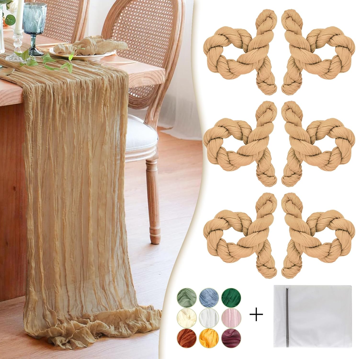 Nude Cheesecloth Table Runner 6 Pack 35" Boho Gauze Runner 120 inches Long Tablecloth Runner Rustic Sheer Fabric Bulk for Baby Shower Wedding Bridal Birthday Party Picnic Table Decorations
