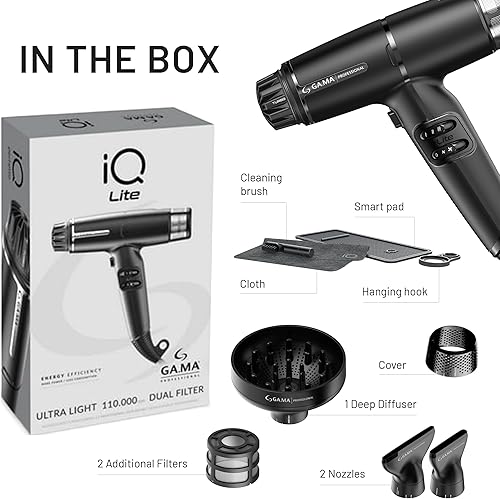 Miniatura 7 de GA.MA iQ LITE Perfetto - Secador de pelo con motor inteligente sin escobillas de 110,000 RPM, filtro doble, tecnología Oxy-Active, color negro