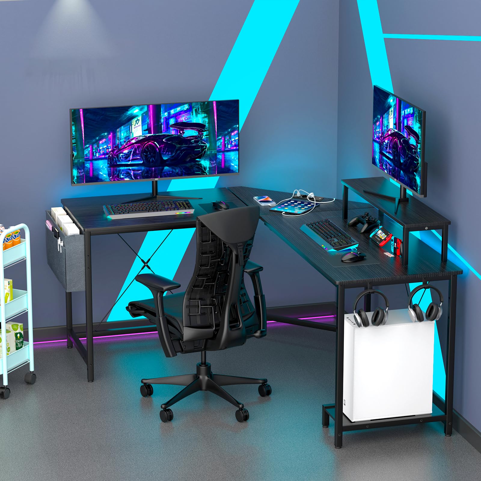 Bureau d'Angle Informatique Gaming en L avec Support pour Unité Centrale, Fonction de Chargement, Table en Bois pour Gamer, Maison et Bureau - Noir