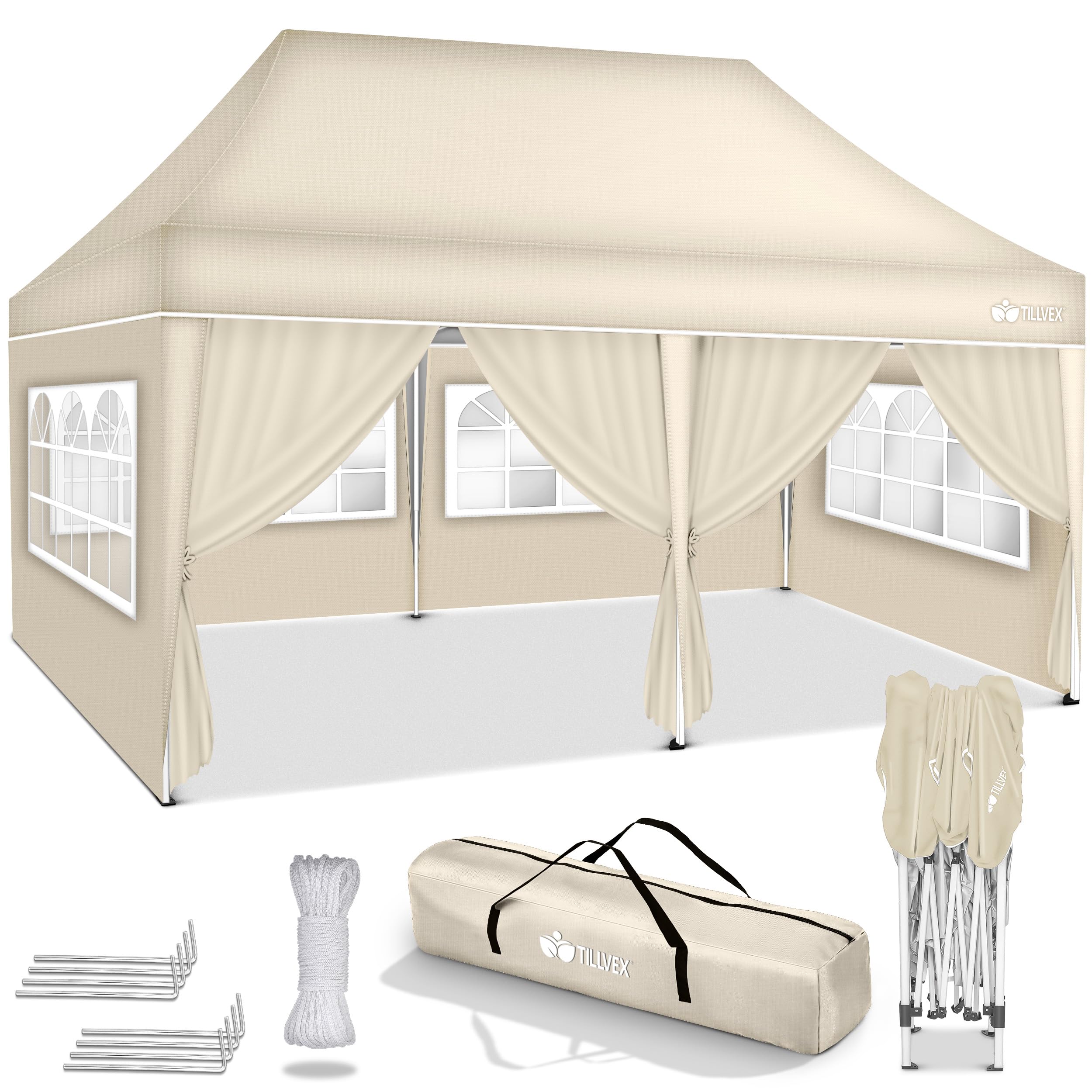 tillvex Pavillon 3x6m wasserdicht | Pop-Up Faltpavillon höhenverstellbar | Gartenzelt UV Schutz 50+ | Partyzelt mit Tasche für Garten (Beige - mit 6 Seitenteilen)