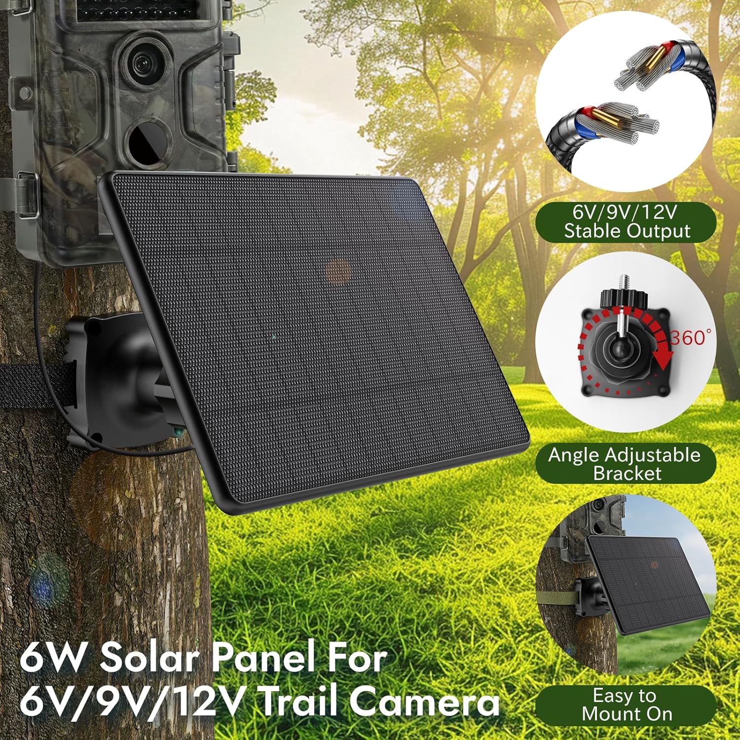 6W Solar Panel for Trail Camera,High-Efficiency Monocrystalline Silicon Solar Panels,Solar Charger Kit with Built-in Ternary Lithium Battery for Hunting Camera,Support 12V/9V/6V Output,IP66 Waterproof