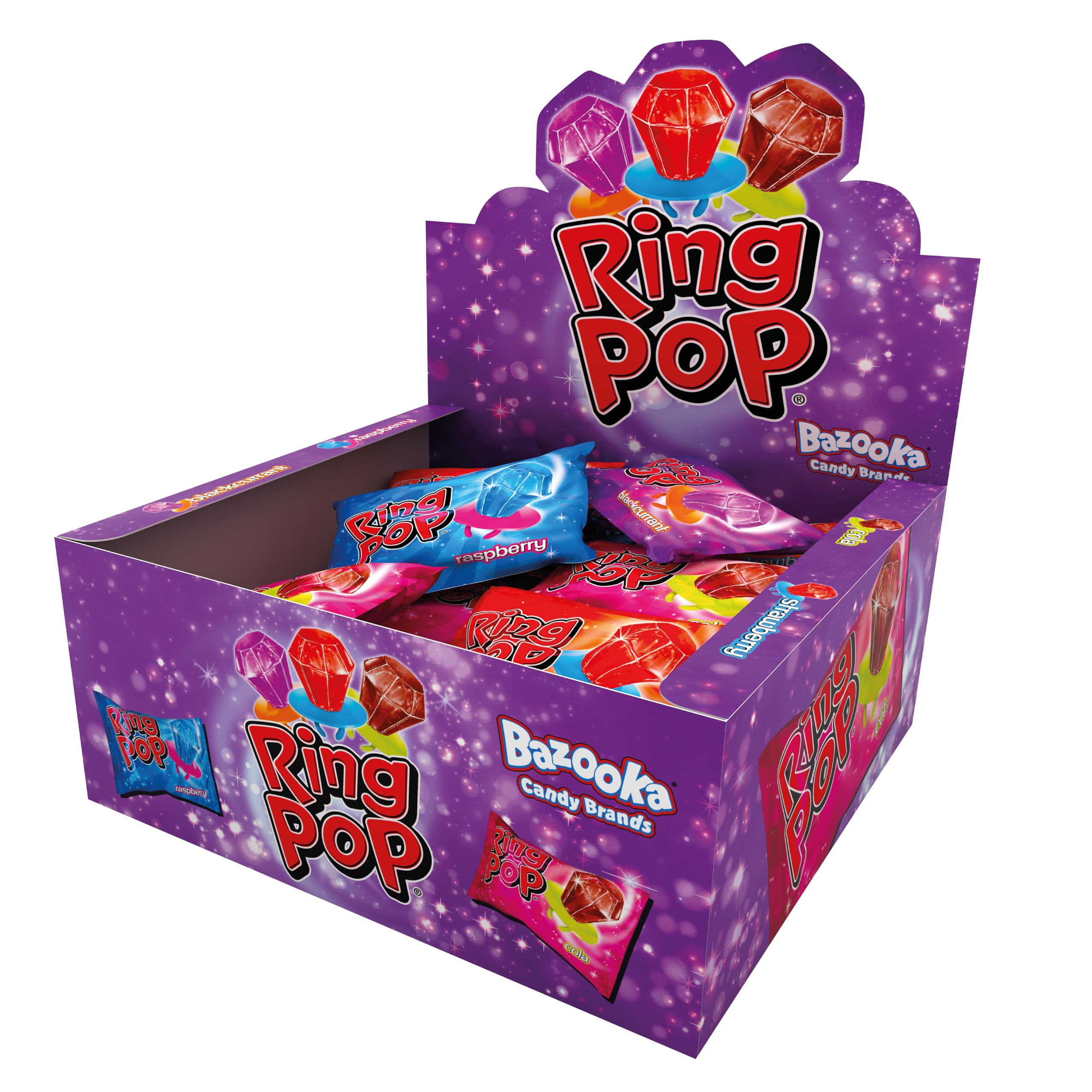 Bazooka Ring Pop Lollipops (Pack of 24 Lollipop Sweets Bulk) Wearable Lollies, Fun Sweets for Party Bags, 5 Tasty Flavours - Halal Candy