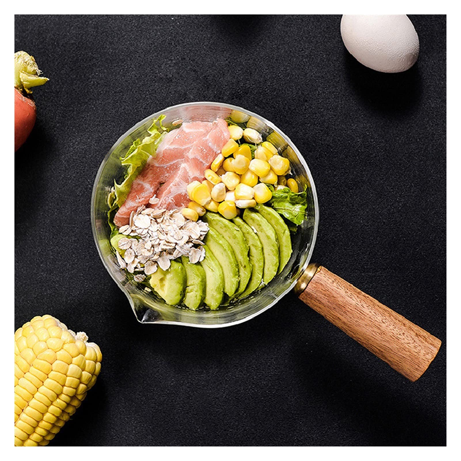 Ensaladeras Leche de vidrio Pote de fideos Sopa de fideos Foto de Stock Pote de avena Pan de cocción Hervido Calefacción Pote más cálido con mango de madera Ensalada Cocinar utensilios 600ml Tazones d