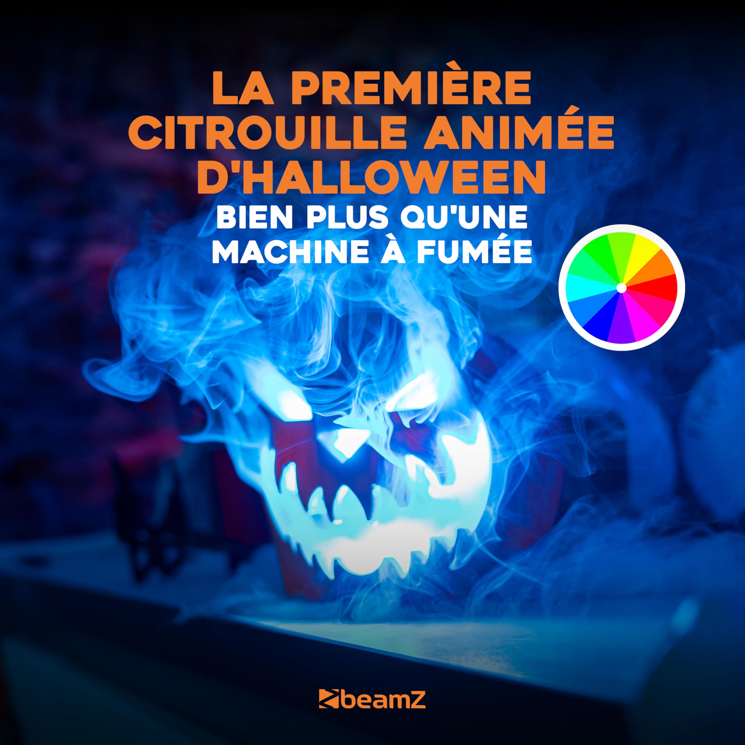 Machine à Fumée Halloween avec Citrouille Animée, Rires Diaboliques et Effets Lumineux - Ambiance Effrayante Halloween pour une Soirée Unique, Exclusivité BeamZ 2024, Liquide Inclus