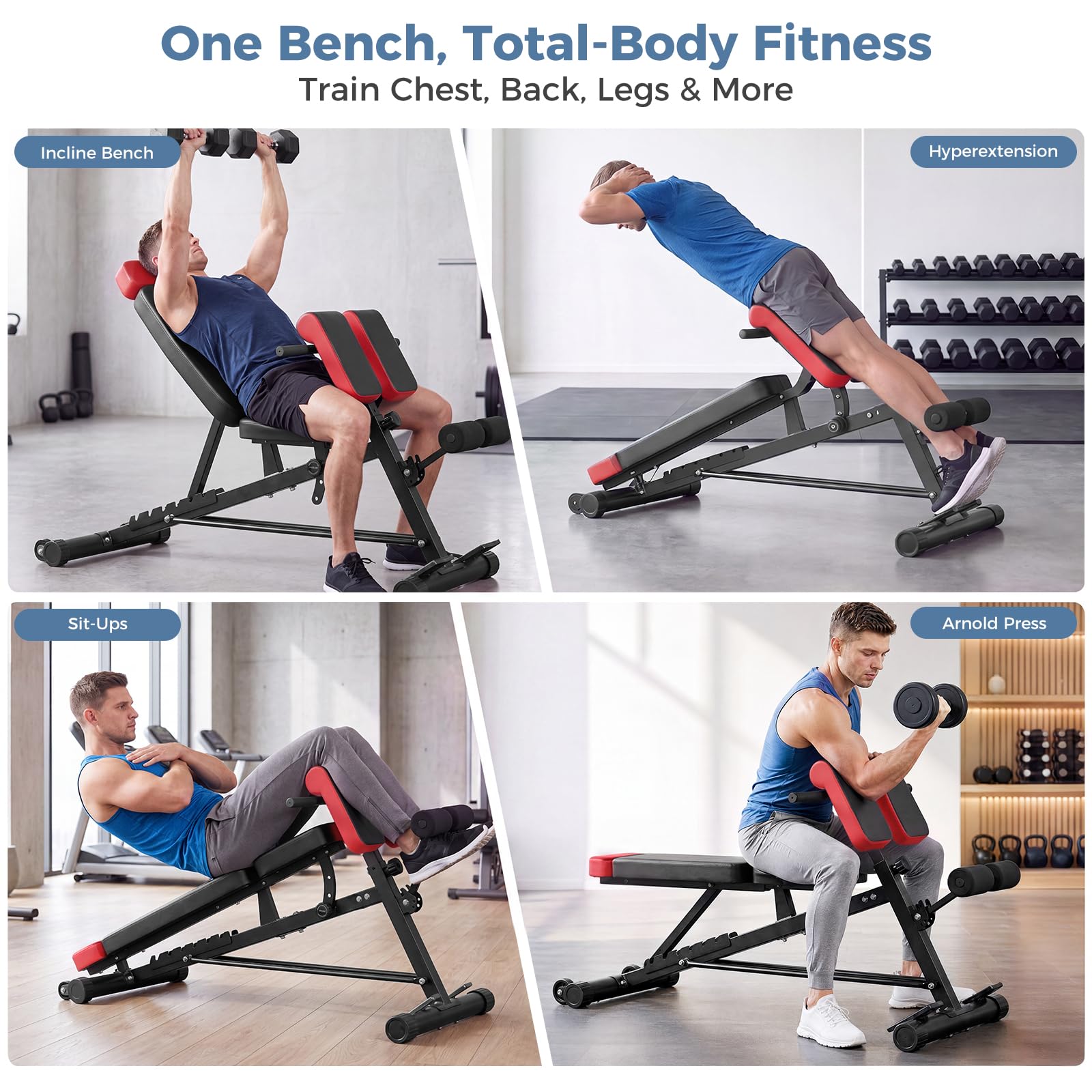 Adjustable Weight Bench, 660 LBS Workout Bench Press with 2 Wheels | Heavy Duty Chest Press Machine for Home Gym with Hyper Back Extension, for Incline Decline Sit Up Flat