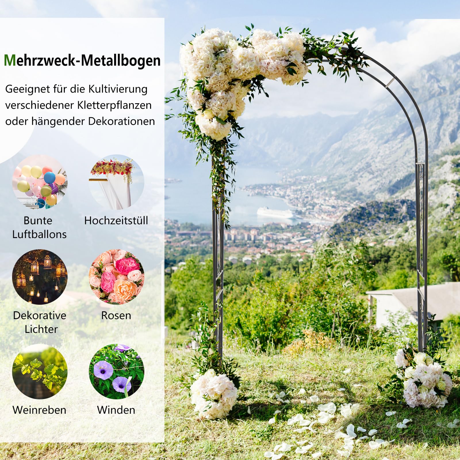 COSTWAY Rosenbogen Metall, Gartenbogen für Kletterpflanzen, Rosengitter mit 4 Bodenpfählen, Torbogen Rankhilfe Rankgitter, Rankbogen für Hinterhof Hochzeit Party, 120 x 56 x 220 cm, Schwarz