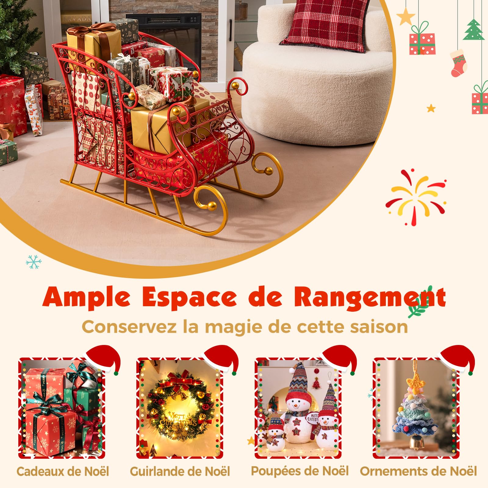 COSTWAY Traîneau de Noël avec Rangement à 2 Niveaux, Decoration Noel Exterieur Interieur, Cadre en Métal, Luge du Père Noël, Décoration de Fête pour Maison Bureau Carnaval, 85 x 42 x 61,5 cm
