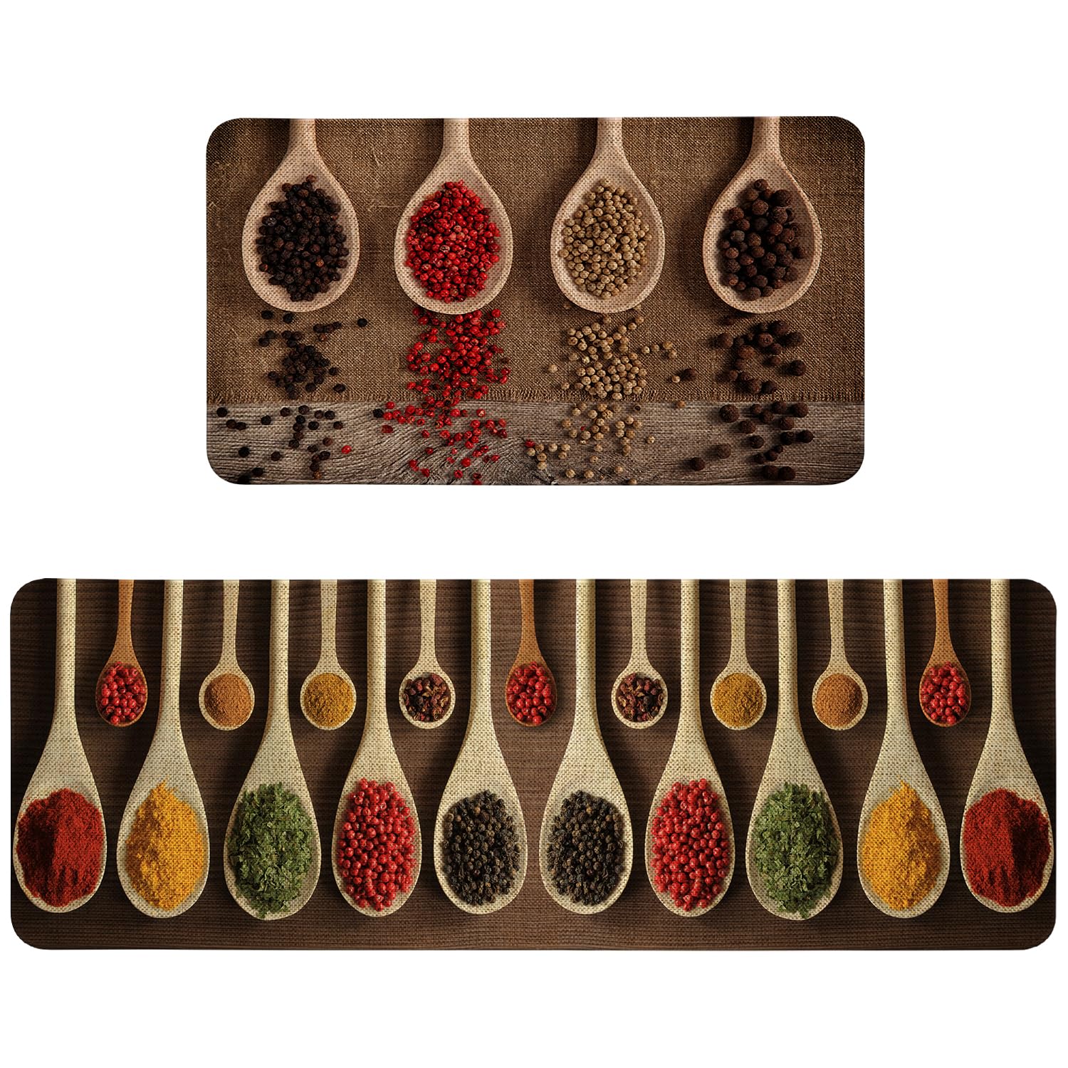 Wooden Spices Spoon Kitchen Rugs Sets of 2 Non Slip Washable, Rustic Vintage Farmhouse Kitchen Mats for Floor 2 Piece Home Decor Brown-spices