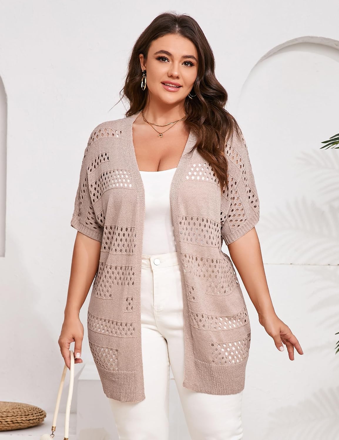 Summer Crochet Cardigan Plus Size Women Short Sleeve Open Front Knitted Cardigans Lightweight Cover Up for Beach