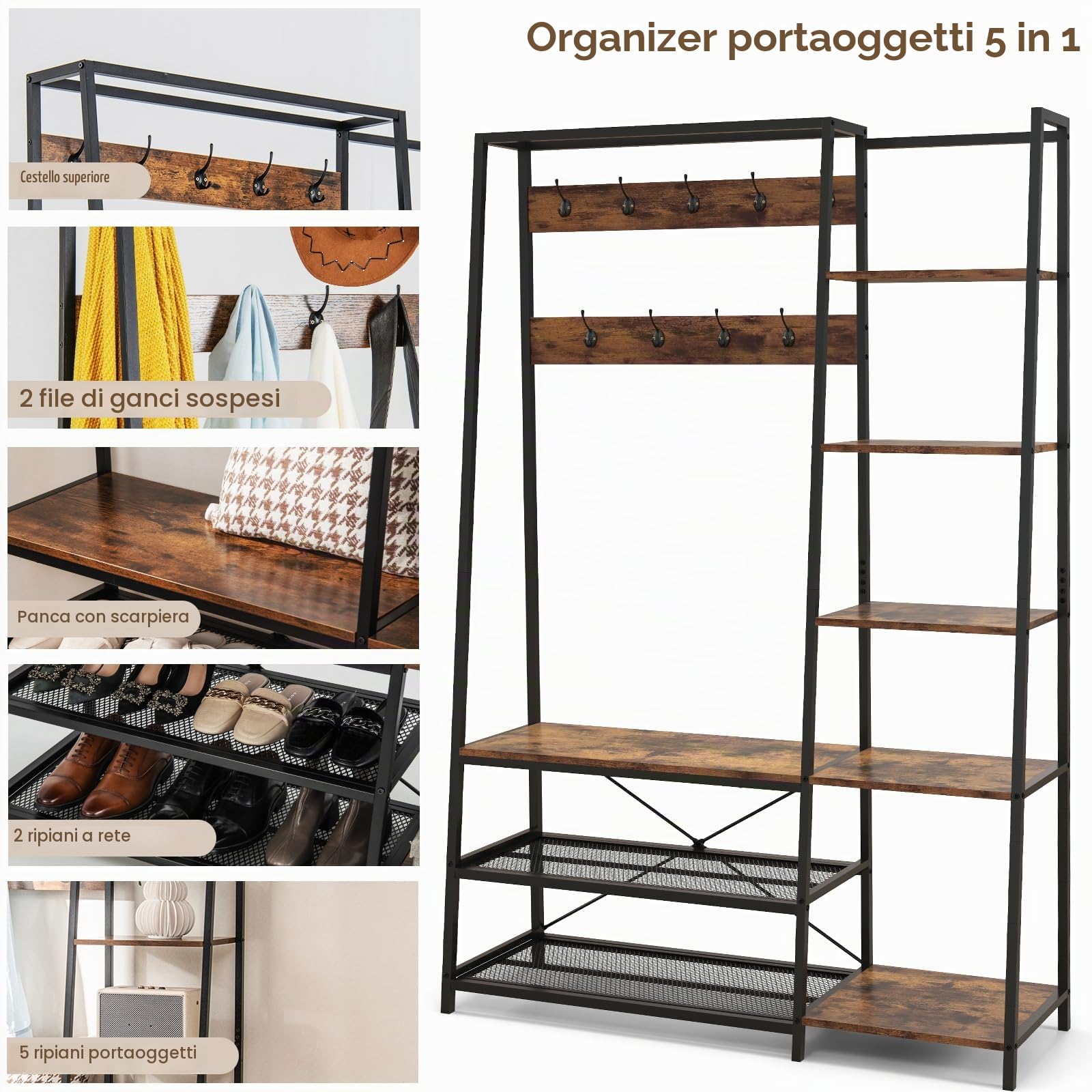 HOMASIS Guardaroba Camera da Letto in Legno, Appendiabiti da Terra con 5 Scaffali, 2 File di Ganci, Panca da Scarpe, 2 Mensole a Rete, Stand Appendiabiti Industriale, 118 x 40 x 180 cm, Marrone