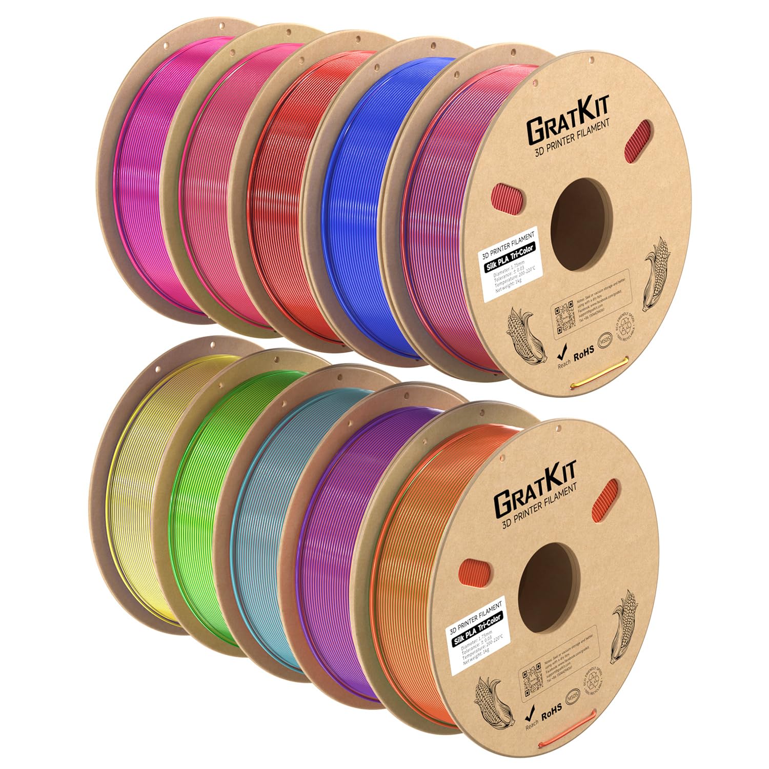GratKit Filamento PLA Seda Tricolor,Coextrusion Filamento de Impresión 3D 1.75mm, -0.03mm,10KG,Silk PLA mezclar colores