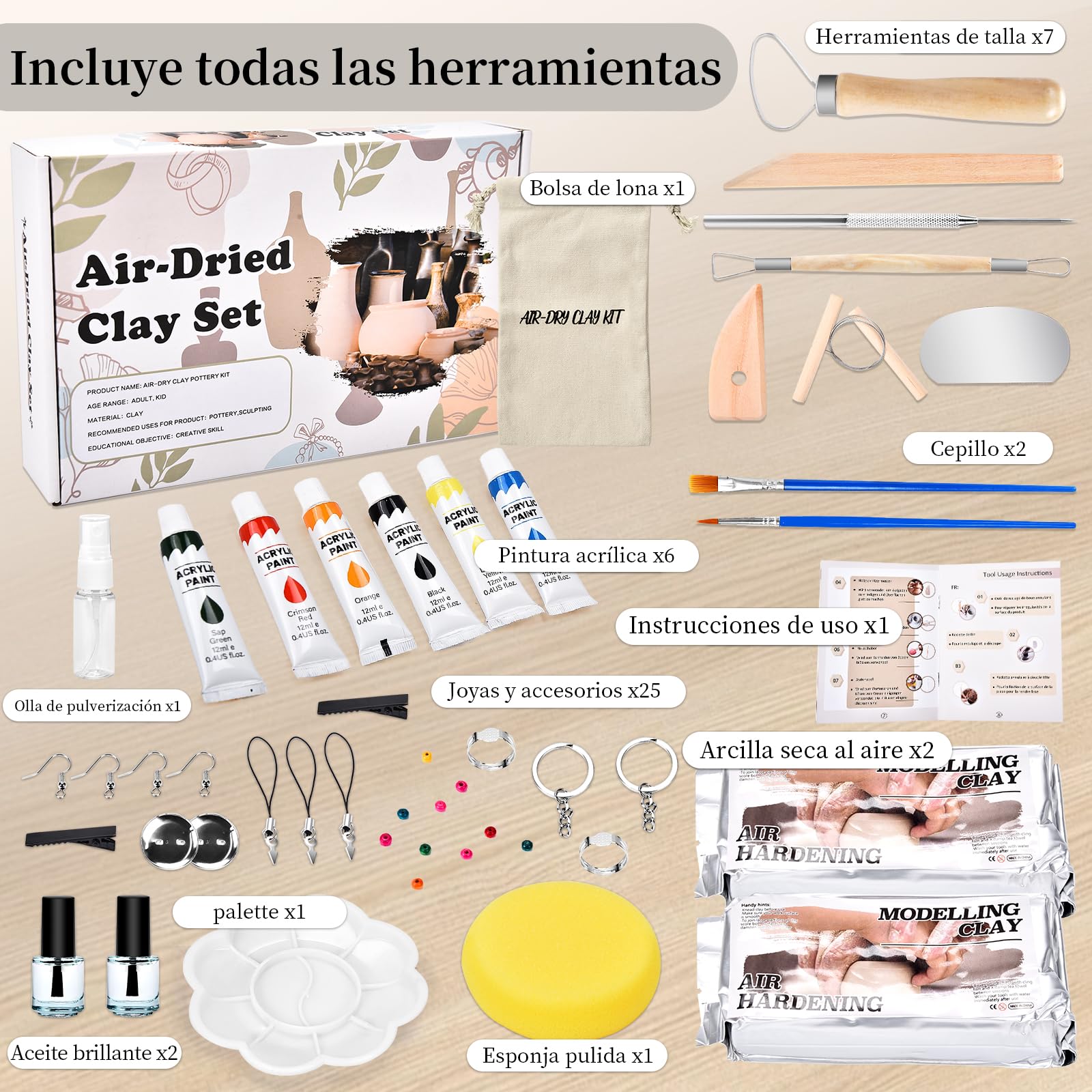 Herenear Kit Arcilla Secado al Aire Blanca, Kit de Cerámica para Principiantes, Ceramica Secado al Aire, Pinturas y Accesorios, Regalos para Amantes de la Artesanía (Kit de Cerámica)